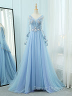 A-Line V Neck  Tulle Lace Blue Long Prom Dress, Blue Formal Evening Dress