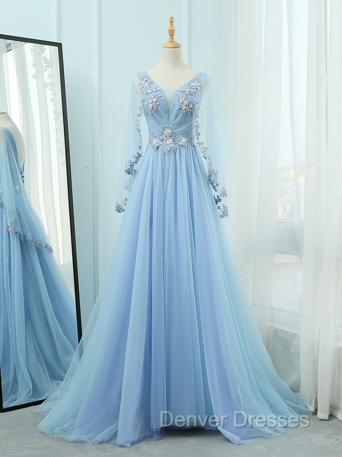 A-Line V Neck  Tulle Lace Blue Long Prom Dress, Blue Formal Evening Dress