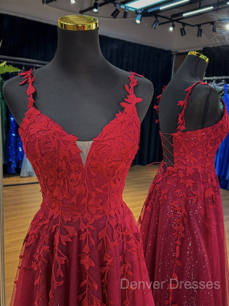 A-Line V Neck Tulle Lace Burgundy Long Prom Dress, Burgundy Long Evening Dress Secondary image