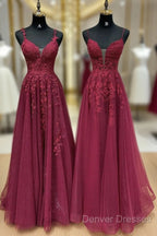 A-Line V Neck Tulle Lace Burgundy Long Prom Dress, Burgundy Long Evening Dress