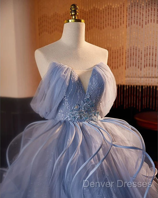A-Line V Neck Tulle Lace Gray Blue Long Prom Dress, Blue Long Sweet 16 Dress Secondary image
