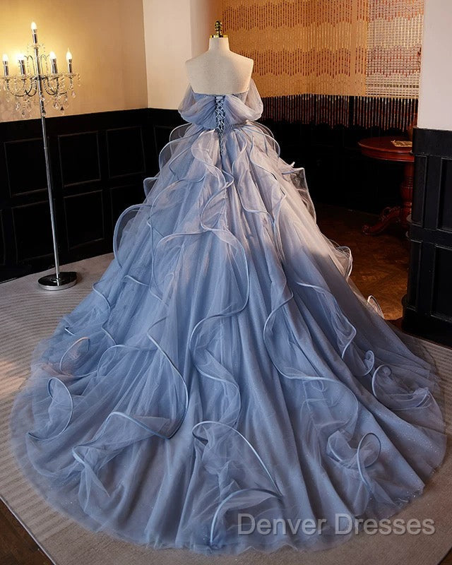 A-Line V Neck Tulle Lace Gray Blue Long Prom Dress, Blue Long Sweet 16 Dress