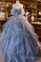 A-Line V Neck Tulle Lace Gray Blue Long Prom Dress, Blue Long Sweet 16 Dress