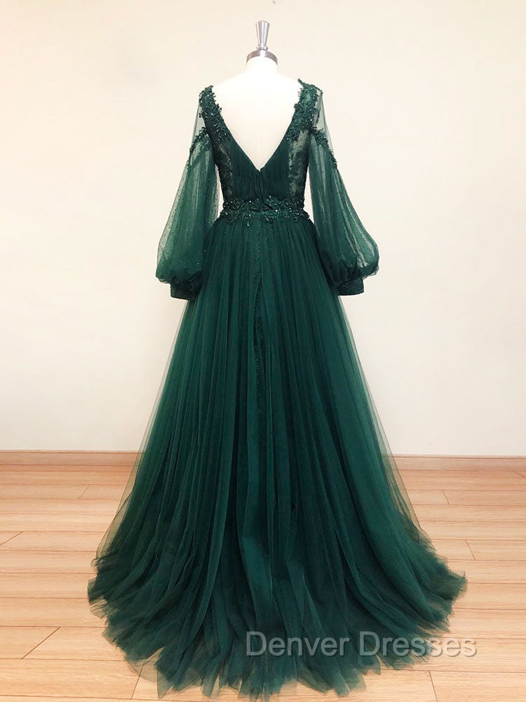 A-Line V Neck Tulle Lace Green Long Prom Dress, Green Formal Evening Dress Secondary image