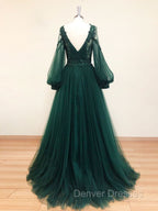A-Line V Neck Tulle Lace Green Long Prom Dress, Green Formal Evening Dress
