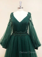 A-Line V Neck Tulle Lace Green Long Prom Dress, Green Formal Evening Dress