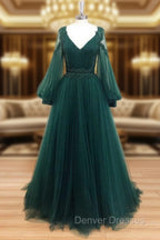 A-Line V Neck Tulle Lace Green Long Prom Dress, Green Formal Evening Dress
