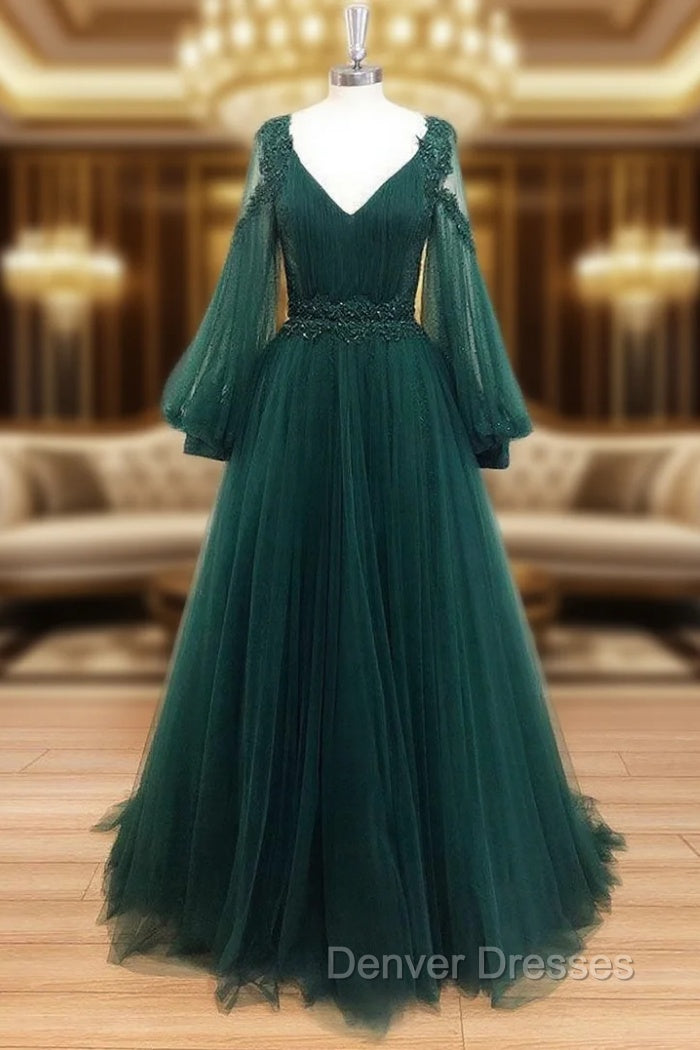 A-Line V Neck Tulle Lace Green Long Prom Dress, Green Formal Evening Dress
