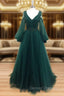A-Line V Neck Tulle Lace Green Long Prom Dress, Green Formal Evening Dress