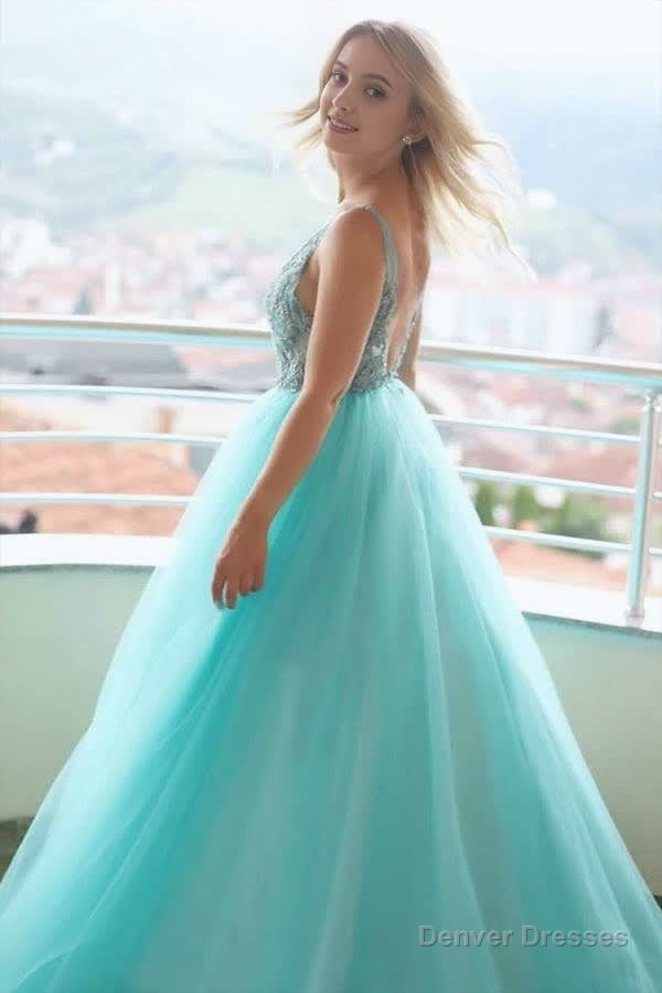 A-line V neck Tulle Lace Long Prom Dress Evening Dress Secondary image