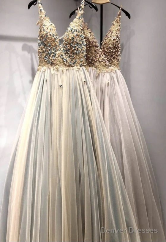 A Line V Neck Tulle Lace Prom Dress Formal Dress