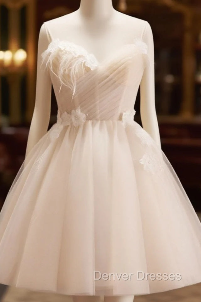 A-Line V Neck Tulle Light Champagne Short Prom Dress, Champagne Homecoming Dress Main image