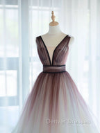 A-Line V Neck Tulle Long Brown Prom Dress, Tulle Long Evening Dress