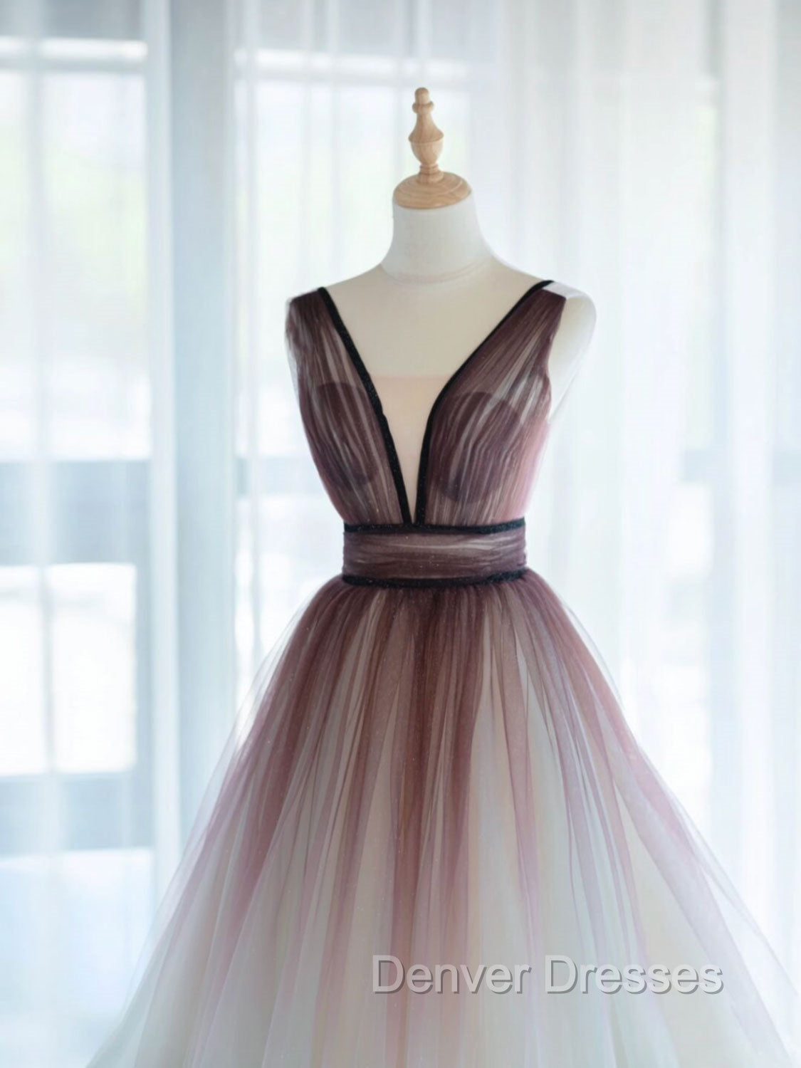 A-Line V Neck Tulle Long Brown Prom Dress, Tulle Long Evening Dress