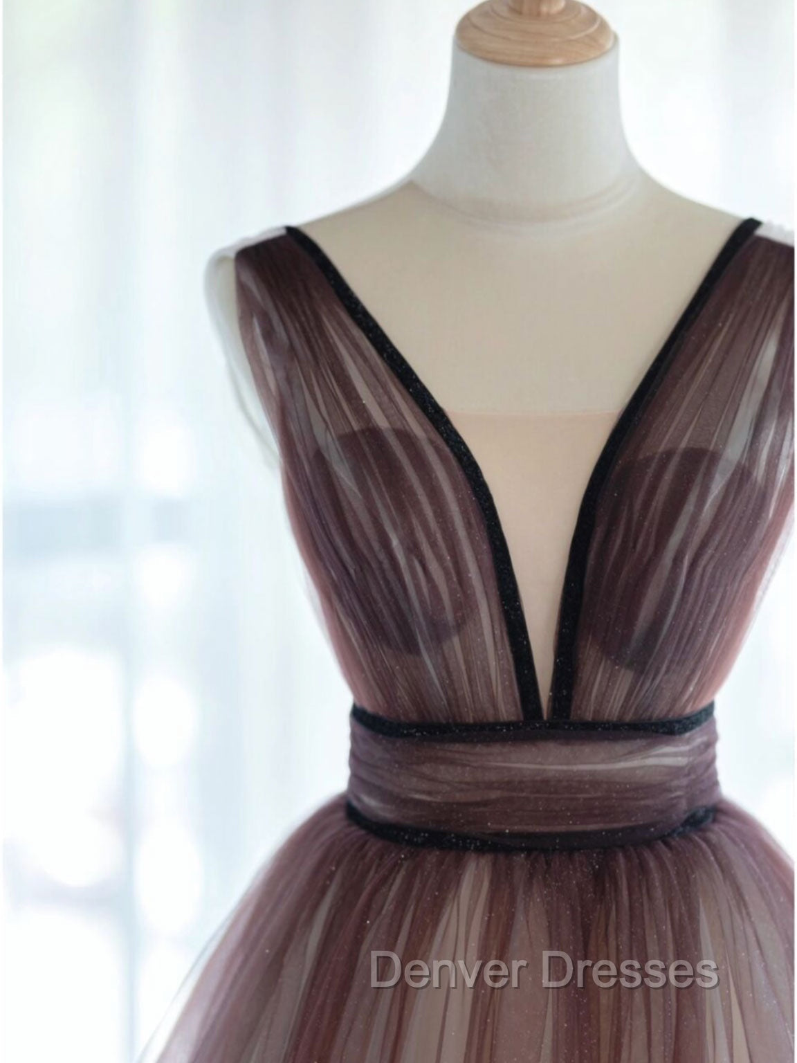 A-Line V Neck Tulle Long Brown Prom Dress, Tulle Long Evening Dress