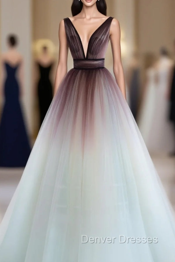 A-Line V Neck Tulle Long Brown Prom Dress, Tulle Long Evening Dress Main image