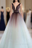 A-Line V Neck Tulle Long Brown Prom Dress, Tulle Long Evening Dress