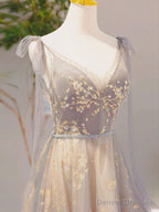 A-Line V Neck Tulle Long Prom Dresses, Tulle Formal Evening Dresses