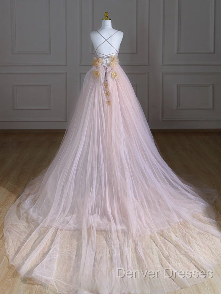 A-Line V Neck Tulle Pink Long Prom Dress, Pink Tulle Long Formal Dress Secondary image