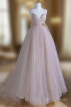 A-Line V Neck Tulle Pink Long Prom Dress, Pink Tulle Long Formal Dress