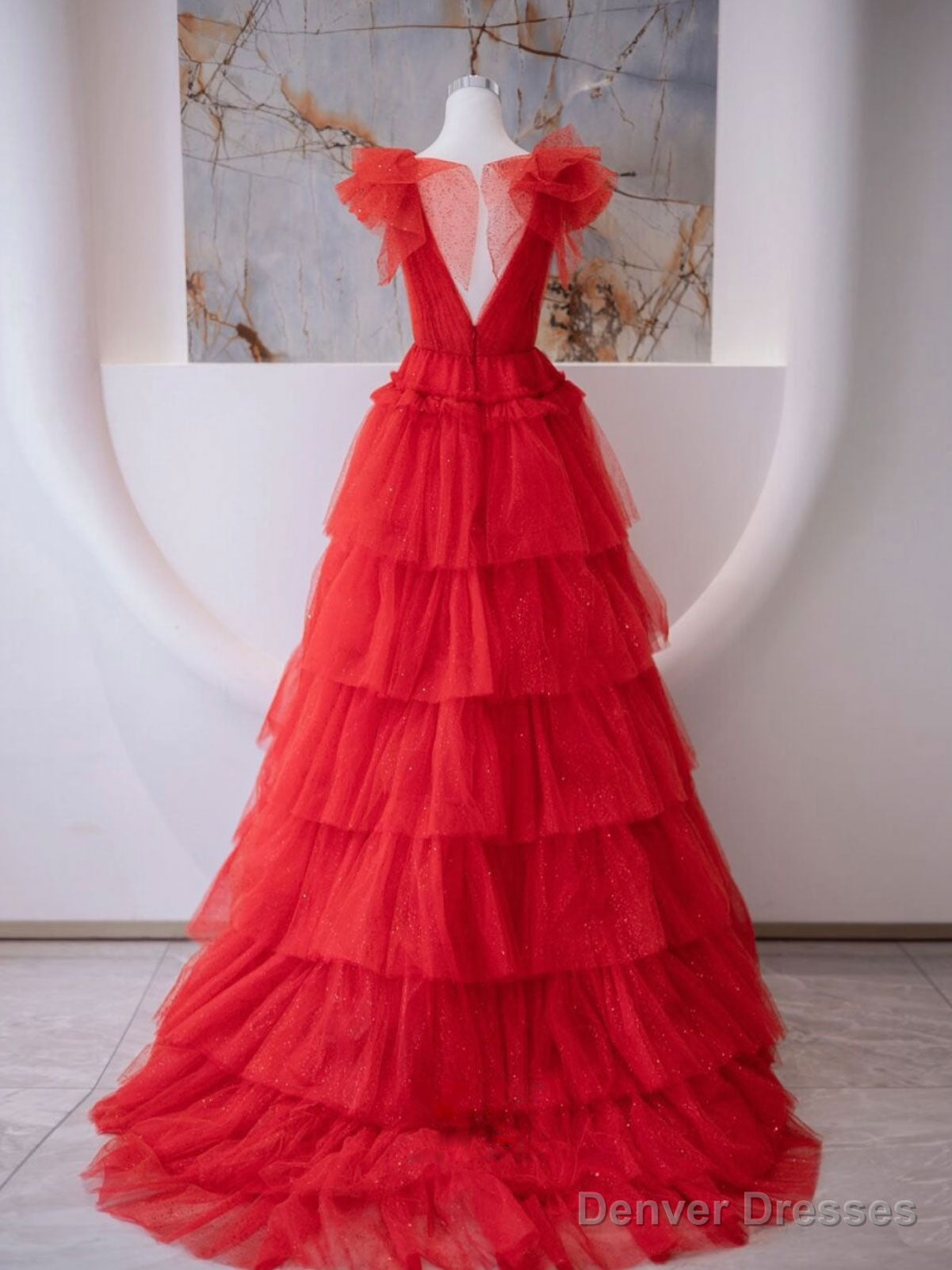 A-Line V Neck Tulle Red Long Prom Dress, Red Formal Evening Dress Secondary image