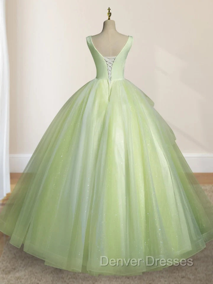 A-Line V Neck Tulle Sage Green Long Prom Quinceanera Dress Secondary image
