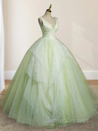 A-Line V Neck Tulle Sage Green Long Prom Quinceanera Dress