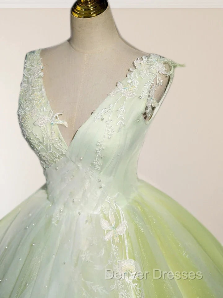 A-Line V Neck Tulle Sage Green Long Prom Quinceanera Dress