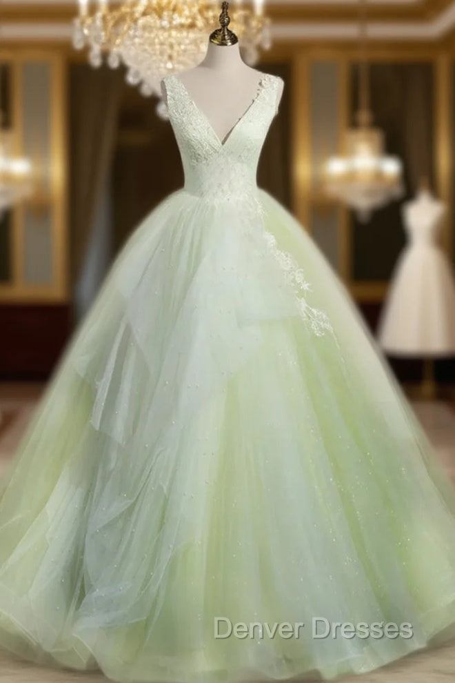 A-Line V Neck Tulle Sage Green Long Prom Quinceanera Dress Main image