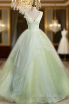 A-Line V Neck Tulle Sage Green Long Prom Quinceanera Dress