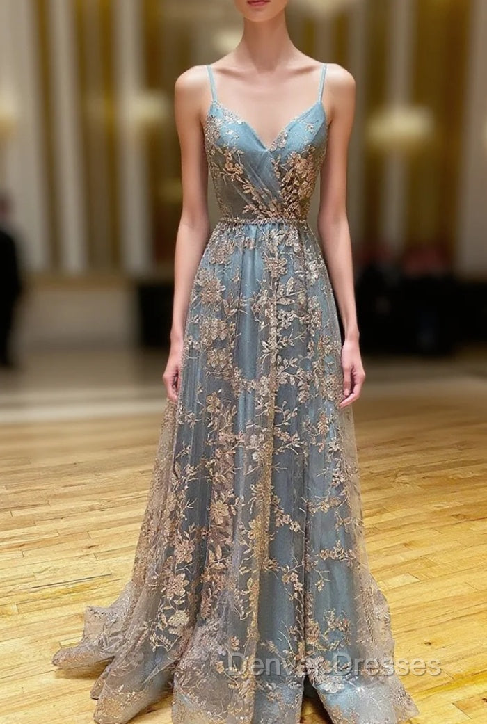 A-Line  V Neck Tulle Sequin Long Prom Dress, Backless Long Evening Dress Main image