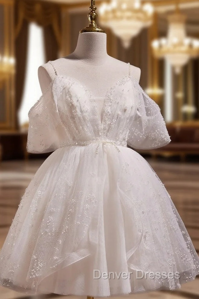 A-Line V Neck Tulle Short Beige Prom Dress, Cute Beige Homecoming Dress Main image