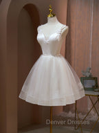 A Line v neck tulle Short Beige Prom Dress, Cute Puffy Beige Homecoming Dress With Beading
