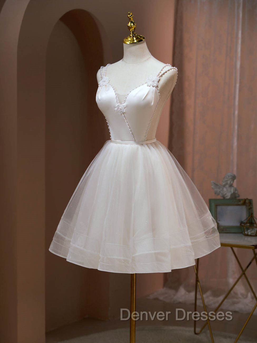 A Line v neck tulle Short Beige Prom Dress, Cute Puffy Beige Homecoming Dress With Beading