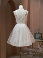 A Line v neck tulle Short Beige Prom Dress, Cute Puffy Beige Homecoming Dress With Beading
