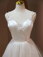 A Line v neck tulle Short Beige Prom Dress, Cute Puffy Beige Homecoming Dress With Beading