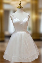 A Line v neck tulle Short Beige Prom Dress, Cute Puffy Beige Homecoming Dress With Beading