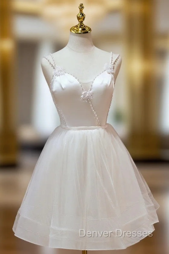 A Line v neck tulle Short Beige Prom Dress, Cute Puffy Beige Homecoming Dress With Beading