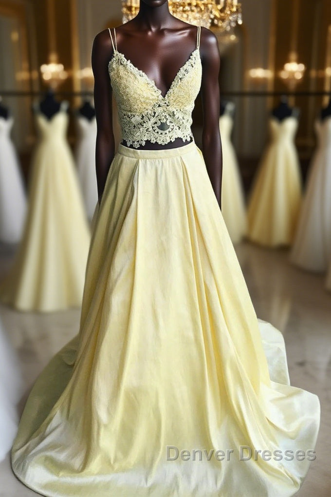 A Line V Neck Two Pieces Lace Top Yellow Prom Dress, Two Pieces Yellow Formal Dress, Yellow Lace Evening Dress Main image