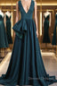 A Line V Neck V Back Green Satin Long Prom Dress, Long Green Formal Evening Dress