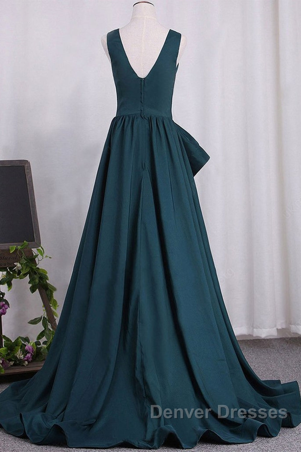 A Line V Neck V Back Green Satin Long Prom Dress, Long Green Formal Evening Dress Secondary image