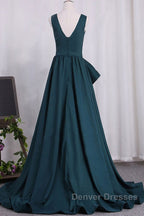 A Line V Neck V Back Green Satin Long Prom Dress, Long Green Formal Evening Dress