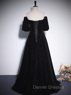 A-Line V Neck Velvet Black Long Prom Dress, Black Formal Evening Dress