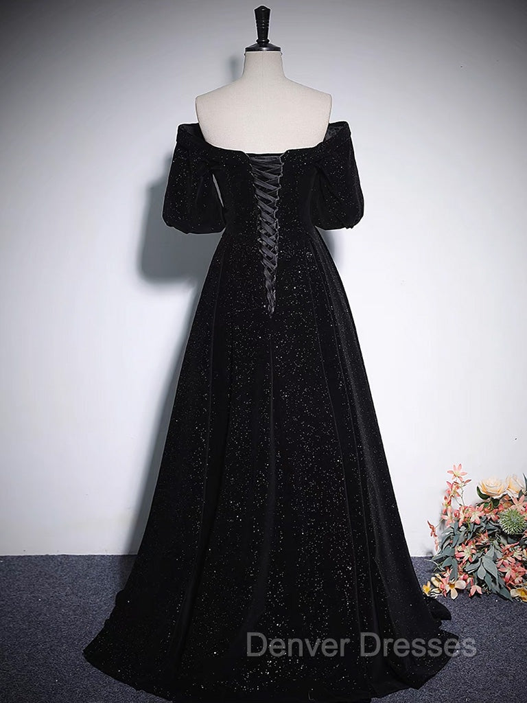 A-Line V Neck Velvet Black Long Prom Dress, Black Formal Evening Dress