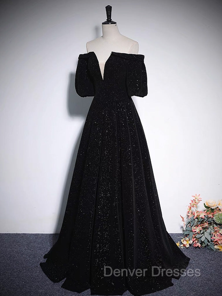 A-Line V Neck Velvet Black Long Prom Dress, Black Formal Evening Dress Secondary image