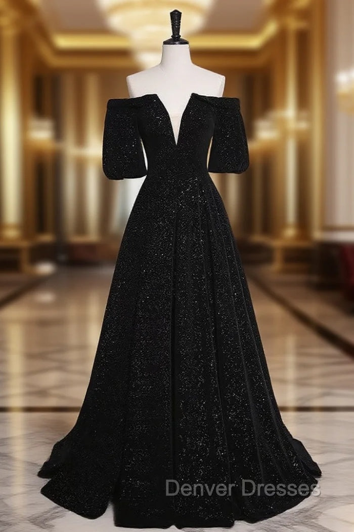 A-Line V Neck Velvet Black Long Prom Dress, Black Formal Evening Dress Main image