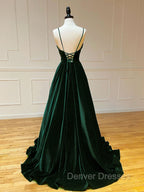 A-Line V Neck Velvet Green Long Prom Dress, Green Velvet Formal Dress