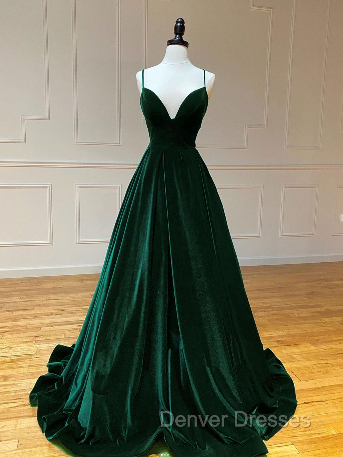 A-Line V Neck Velvet Green Long Prom Dress, Green Velvet Formal Dress Main image