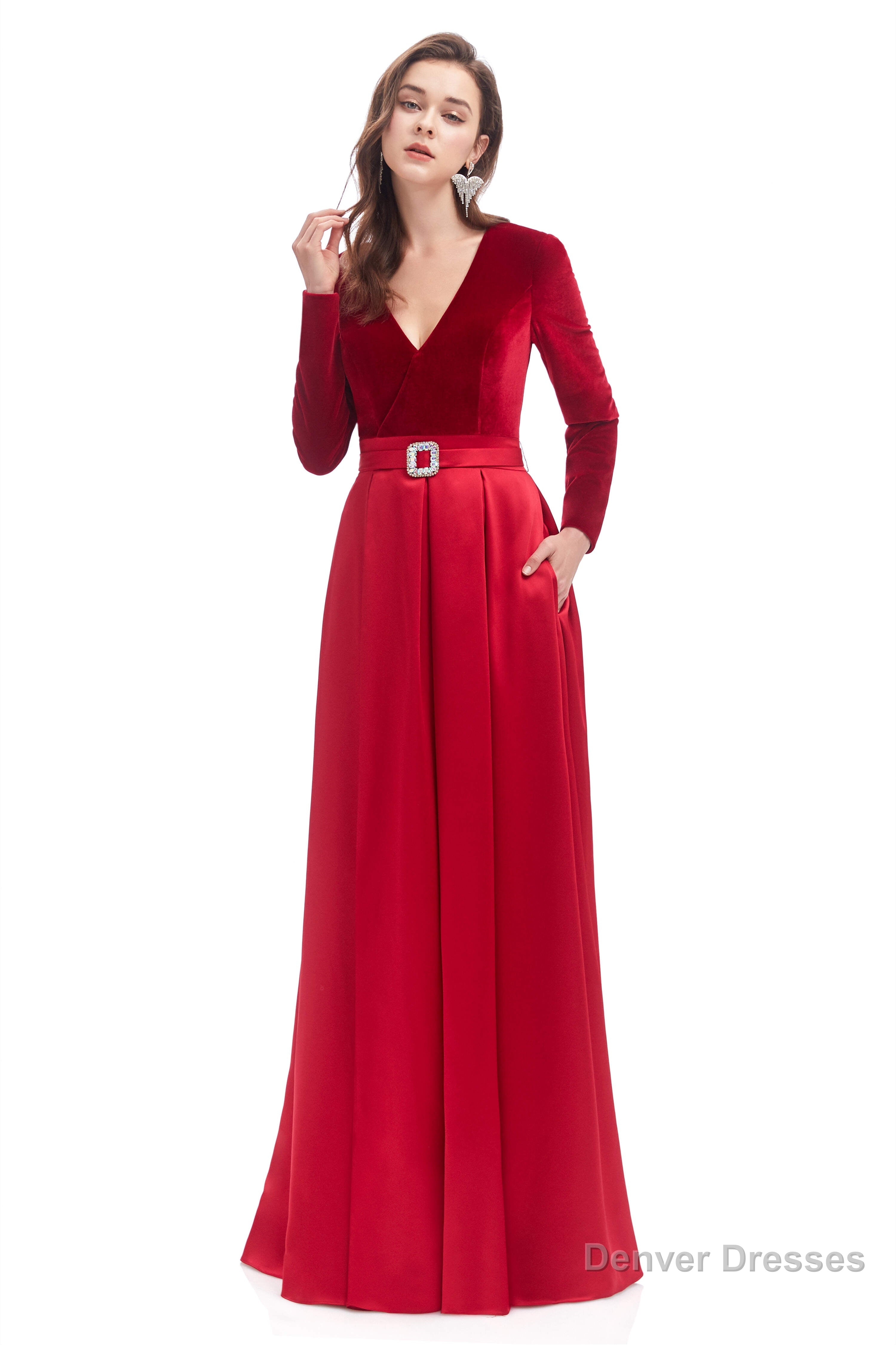 A-line V Neck Velvet Long Prom Dresses Secondary image