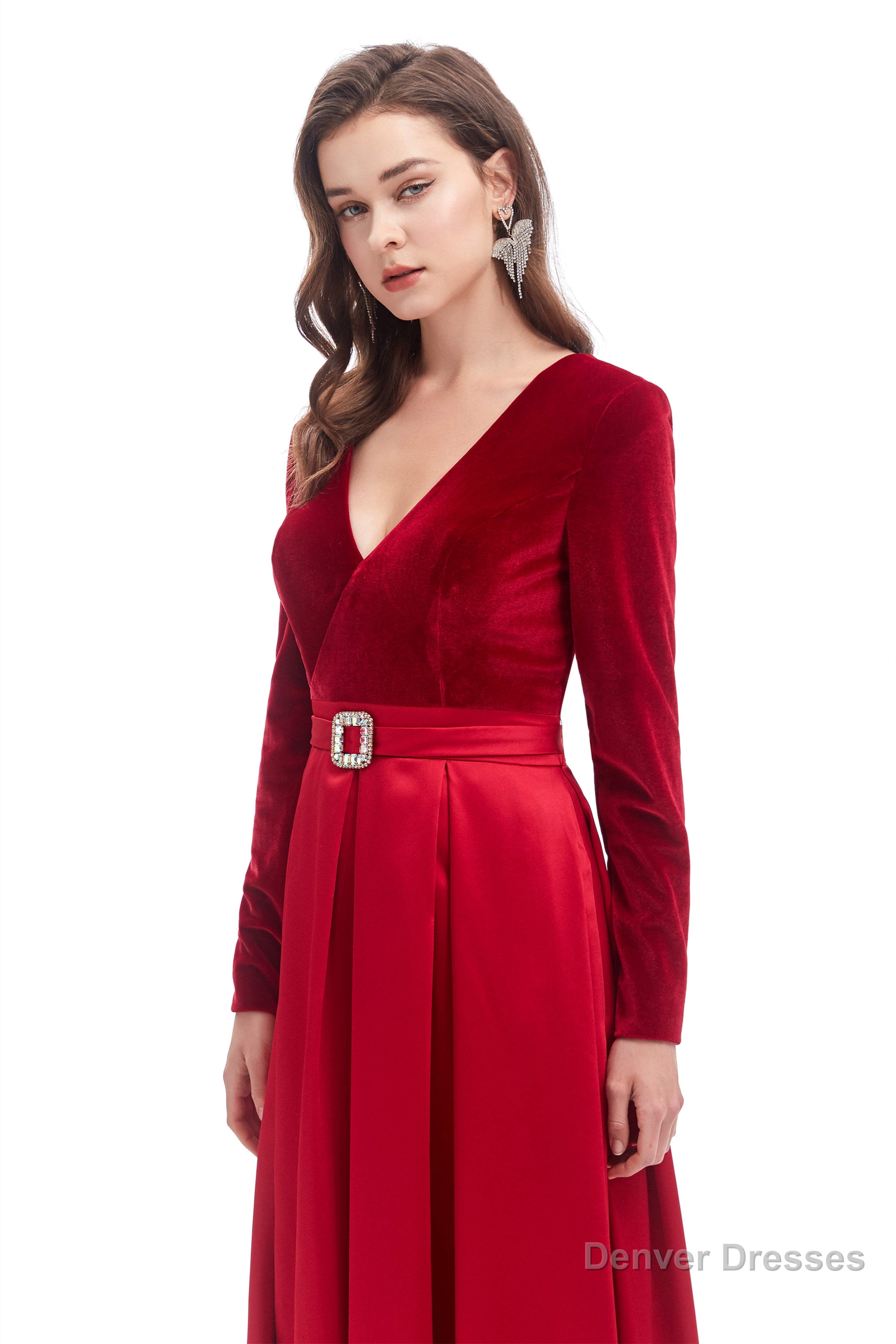 A-line V Neck Velvet Long Prom Dresses